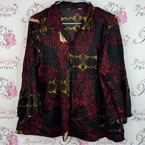 Button up long sleeve pleated ornate shiny black red pleated shirt top